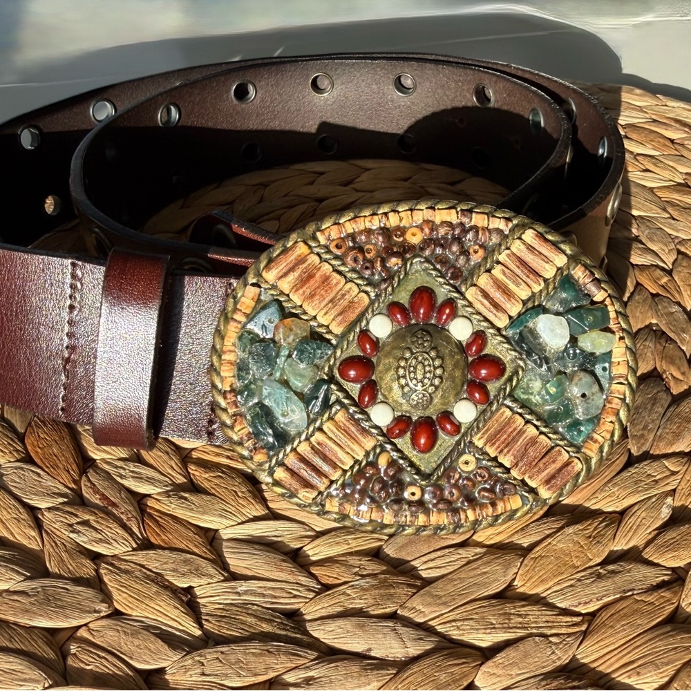 CAbi Brown Leather Belt with Beaded Brass Buckle